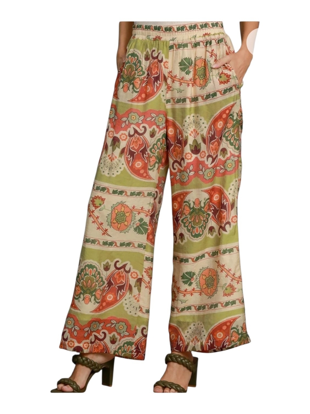 Umgee Olive & Terracotta Wide-Leg Boho Pants